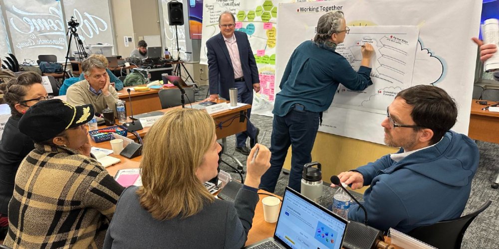 Asheville City Council members and staff participate in a budget planning session. Several individuals sit around a table engaged in discussion, while another person writes on a large poster labeled “Working Together” at the front of the room.